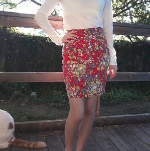 High Waist Denim Floral Pencil Skirt